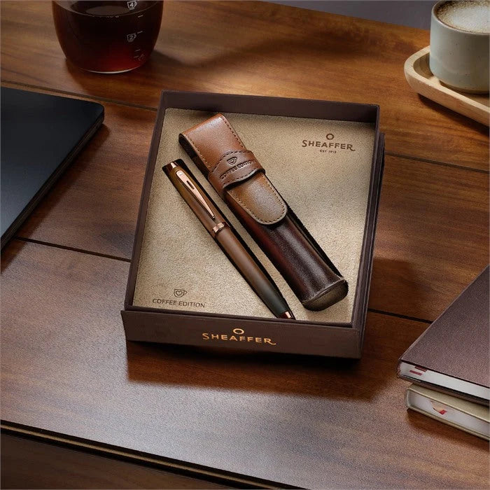 Sheaffer 100 Coffee Edition Fountain Pen with Leather Single Pen Pouch Gift Set