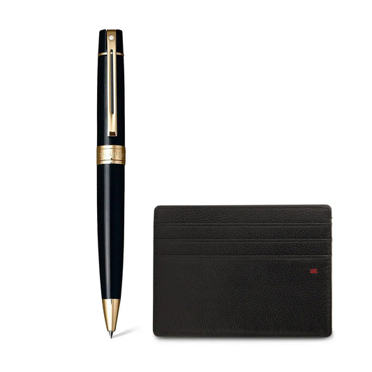 Sheaffer Gift Set ft. Glossy Black 300 Ballpoint Pen with Gold Trims and Credit Card Holder - The Pen Shop