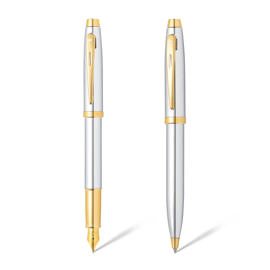 Sheaffer Gift Set ft. Bright Chrome S100 9340 with Gold Tone Trim as Set of 2 pens - Ballpoint Pen & Fountain pen (M)