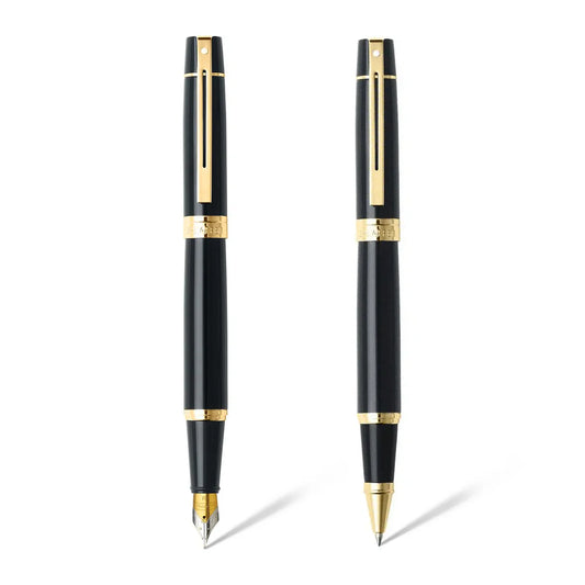 Sheaffer Gift Set ft. Glossy Black 300 with Gold Tone Trim as Set of 2 pens - Rollerball Pen & Fountain pen (M)