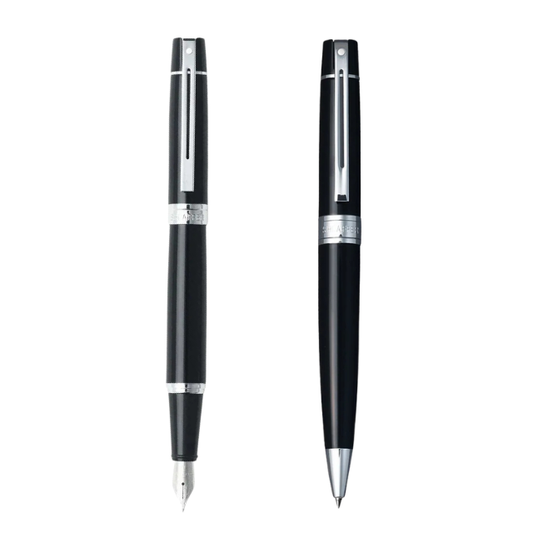 Sheaffer 300 Black Lacquer Chrome Trim Ball Pen and Fountain Pen Set