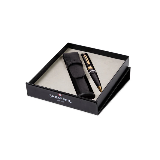 Sheaffer Gift Set Glossy Black 300 Ballpoint Pen With Gold Trim And Pen Pouch