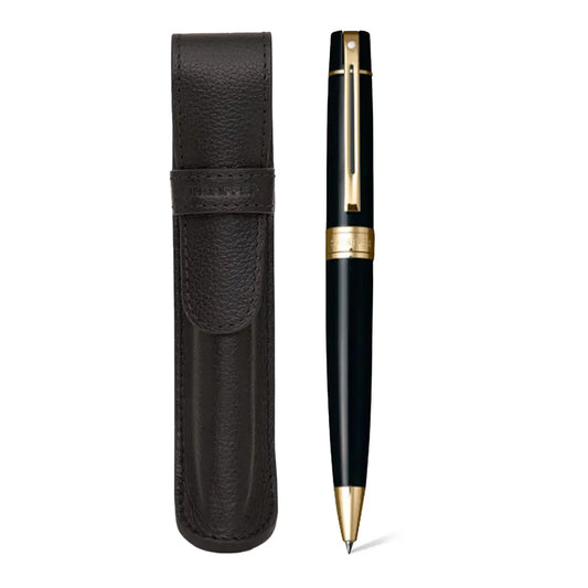 Sheaffer Gift Set Glossy Black 300 Ballpoint Pen With Gold Trim And Pen Pouch