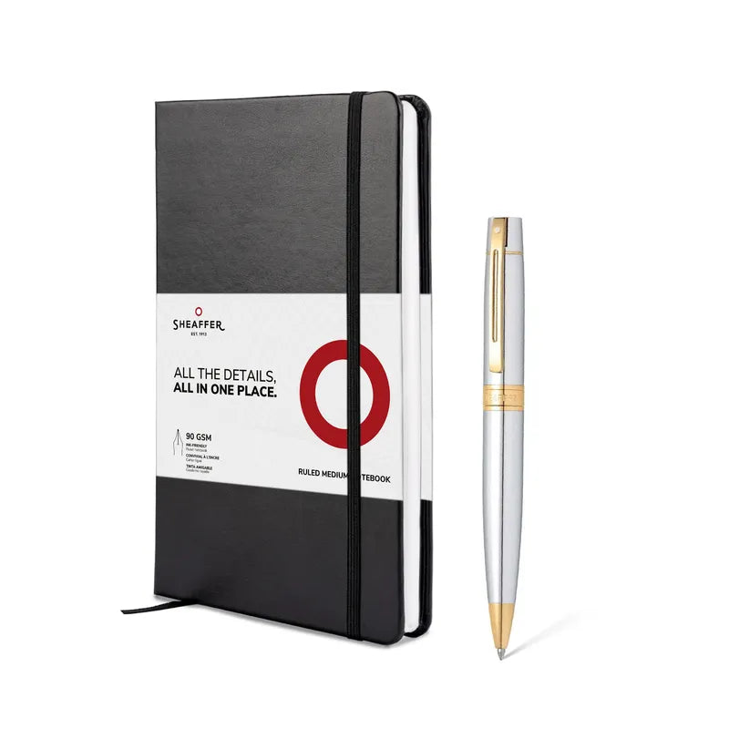 Sheaffer Gift Set 300 Ballpoint Pen with Medium Notebook Bright Chrome with Gold Trims