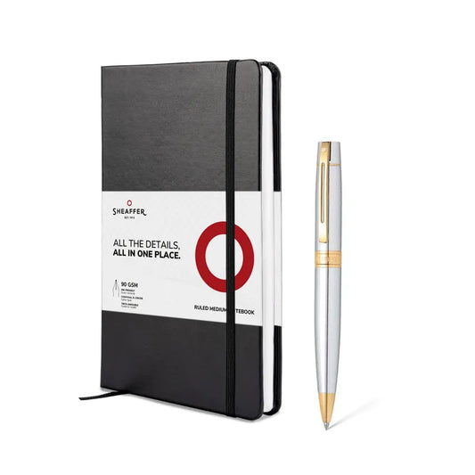 Sheaffer Gift Set 300 Ballpoint Pen with Medium Notebook Bright Chrome with Gold Trims
