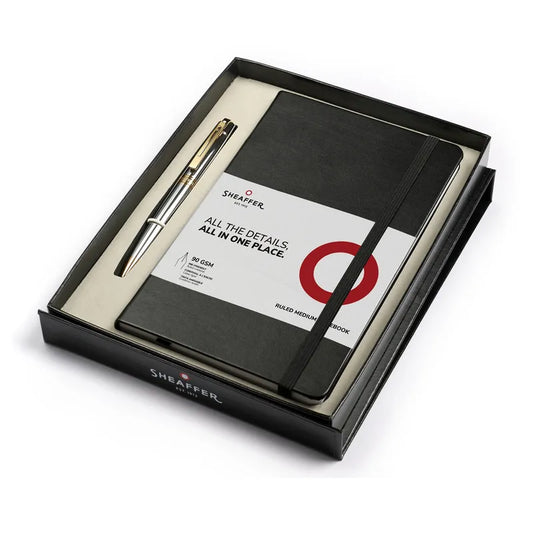 Sheaffer Gift Set 300 Ballpoint Pen with Medium Notebook Bright Chrome with Gold Trims