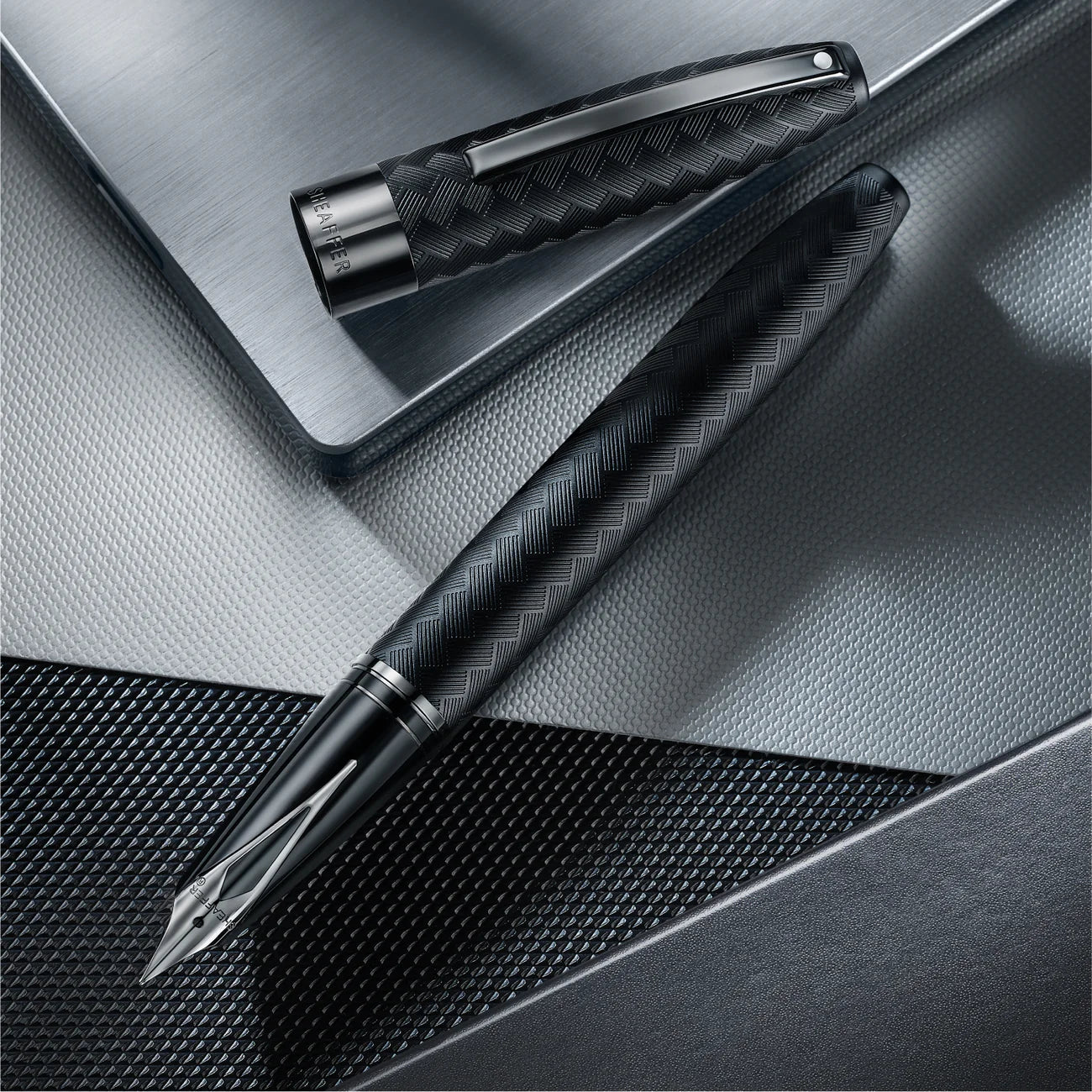Sheaffer Legacy Chevron Matte Black Fountain Pen with PVD Gunmetal Inlaid Nib and Trims (Medium Nib)