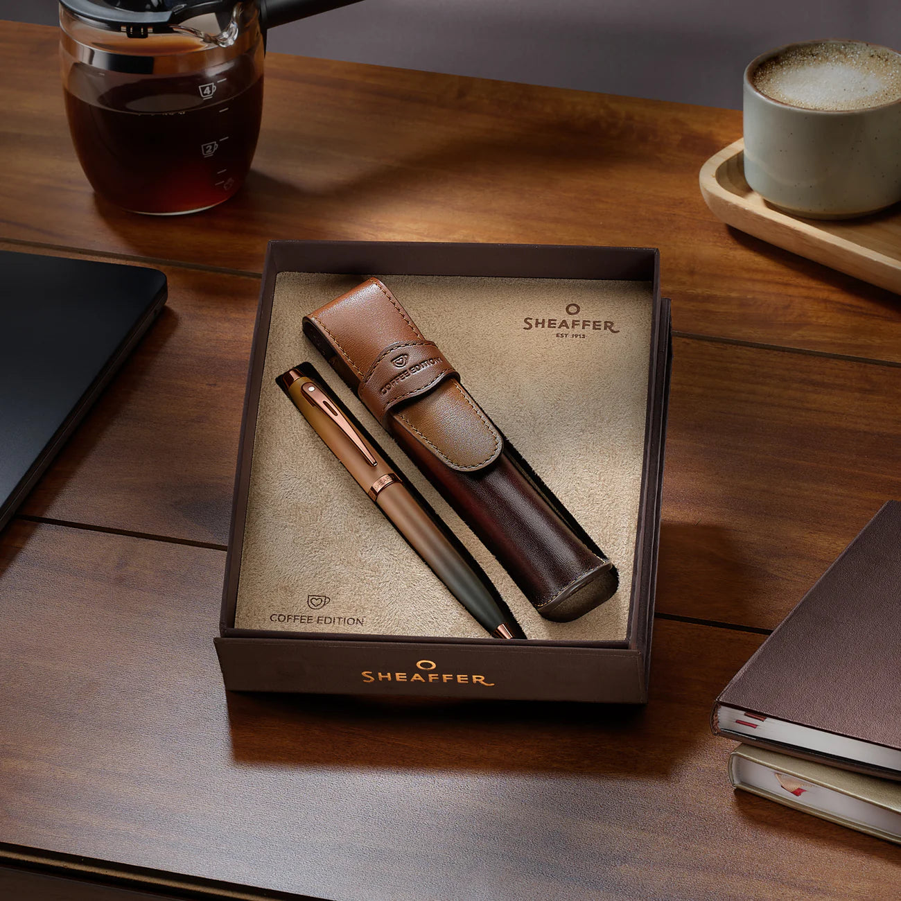 Sheaffer 100 Coffee Edition Ballpoint Pen with Leather Single Pen Pouch Gift Set
