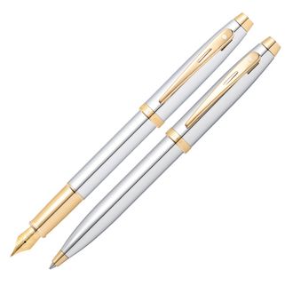 Sheaffer 100 Chrome Gold Trim Ballpoint and Fountain Pen Set