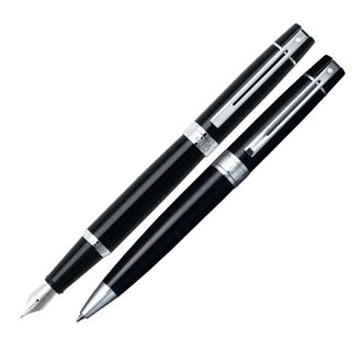 Sheaffer 300 Black Lacquer Chrome Trim Ball Pen and Fountain Pen Set